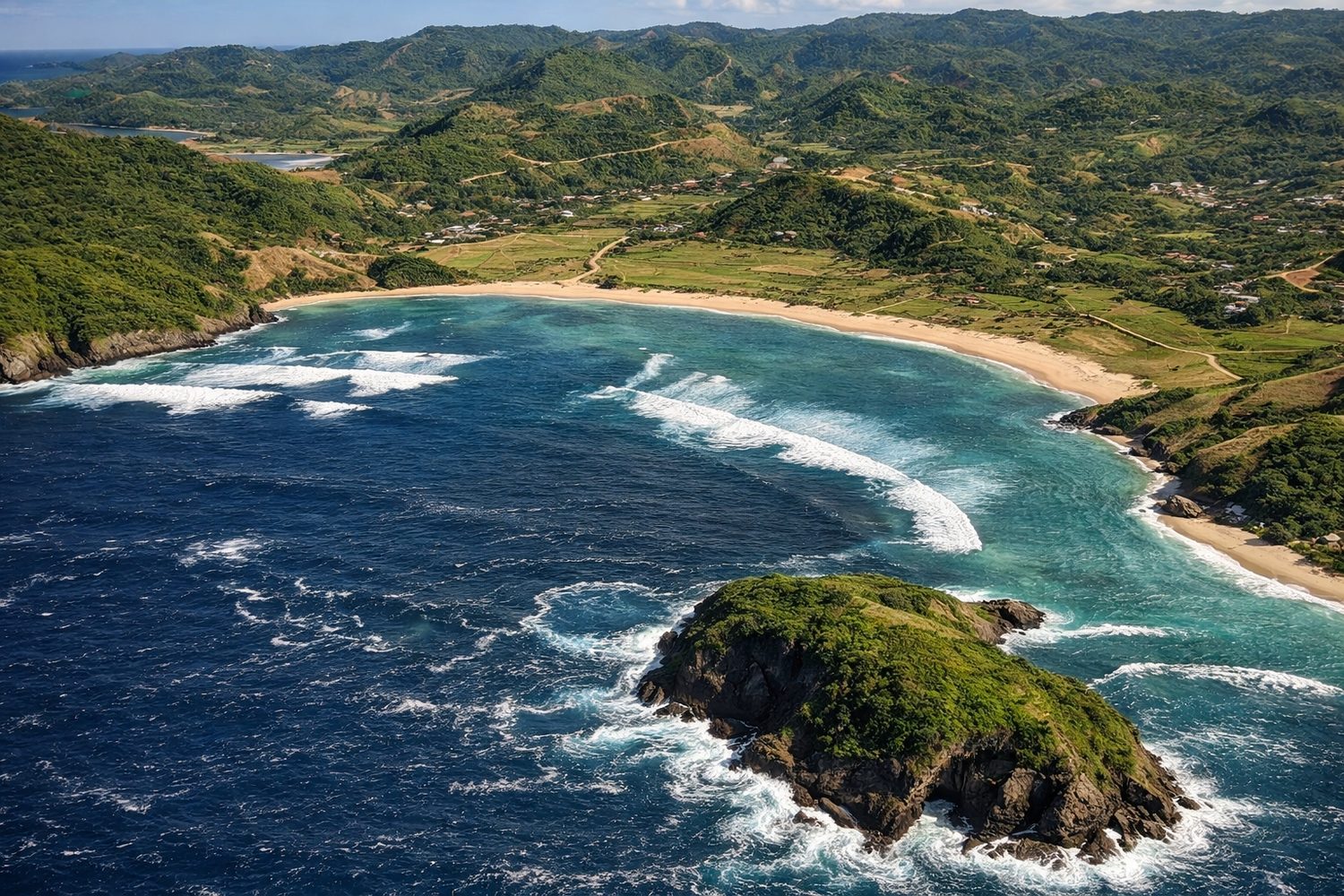 Aerial angle of coastline with island
