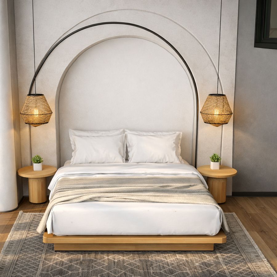 Bedroom with arched window and ocean view